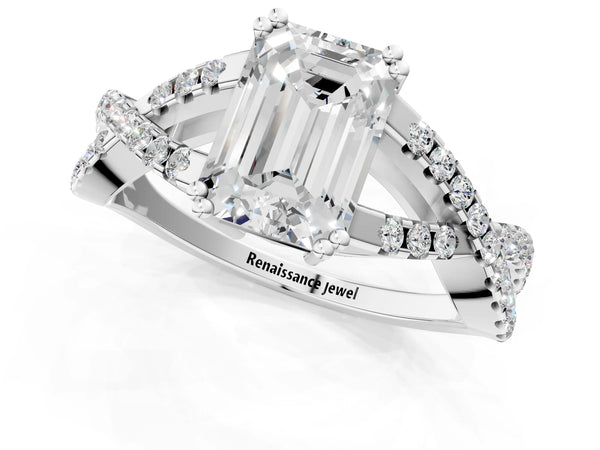 White gold Emerald Solitaire Twist Band with Pavé Setting and Four-Prong Setting_97