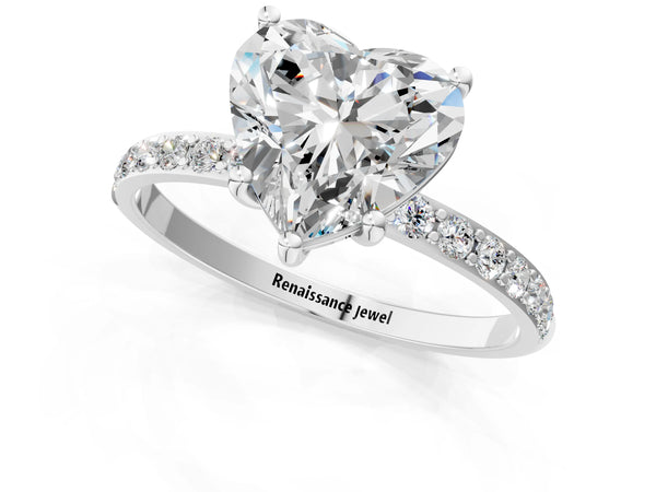 White gold Heart Cut Diamond Pavé Band Solitaire Ring with Four-Prong Setting_103