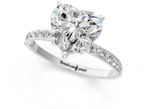 White gold Heart Cut Diamond Pavé Band Solitaire Ring with Four-Prong Setting_109