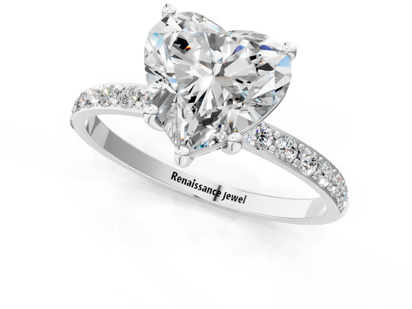 White gold Heart Cut Diamond Pavé Band Solitaire Ring with Four-Prong Setting_115