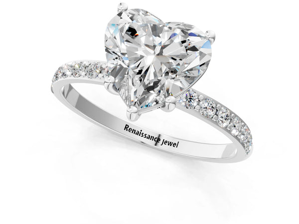 White gold Heart Cut Diamond Pavé Band Solitaire Ring with Four-Prong Setting_79