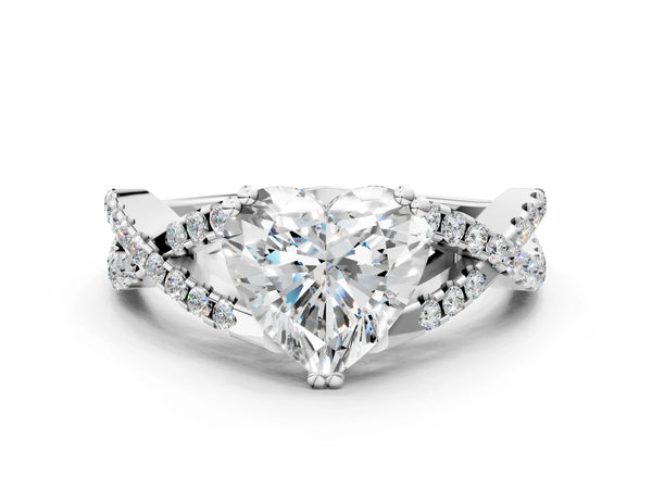 White gold Heart Solitaire Twist Band with Pavé Setting and Four-Prong Setting_24