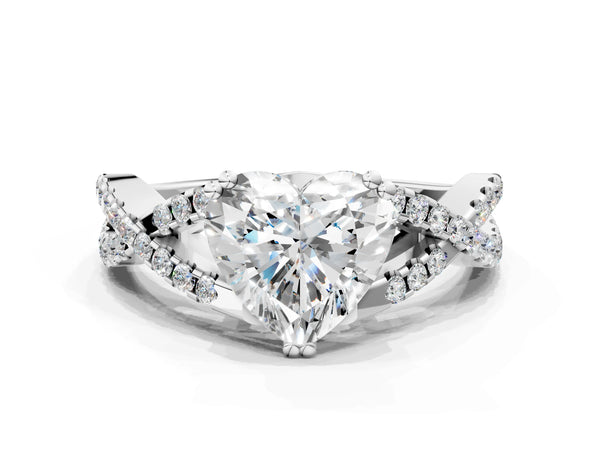 White gold Heart Solitaire Twist Band with Pavé Setting and Four-Prong Setting_48