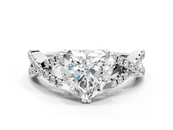 White gold Heart Solitaire Twist Band with Pavé Setting and Four-Prong Setting_60