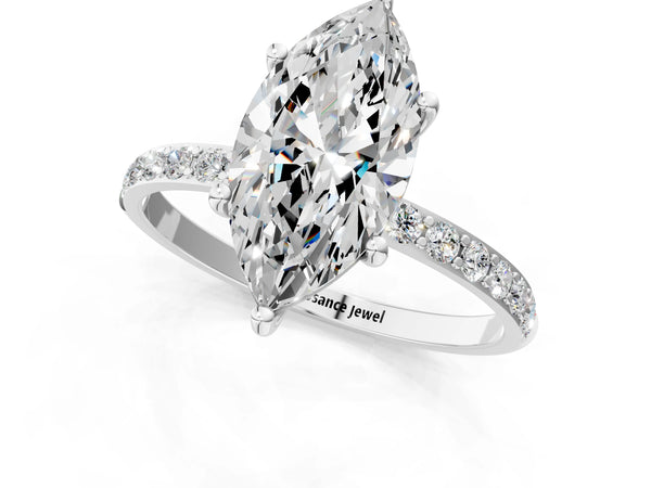 White gold Marquise Cut Diamond Pavé Band Solitaire Ring with Four-Prong Setting_25
