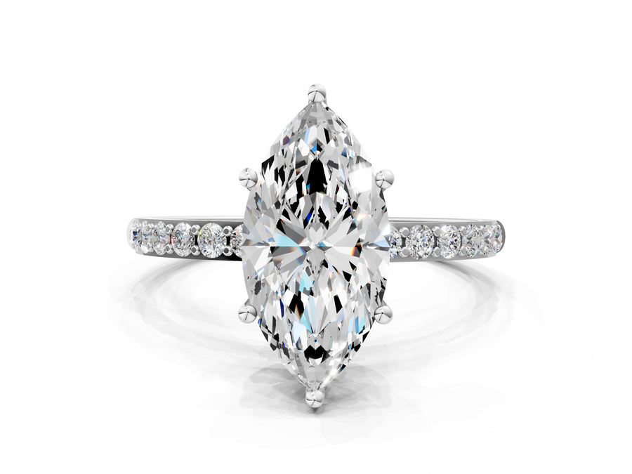 Silver Marquise Cut Diamond Pavé Band Solitaire Ring with Four-Prong Setting