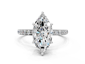 White gold Marquise Cut Diamond Pavé Band Solitaire Ring with Four-Prong Setting