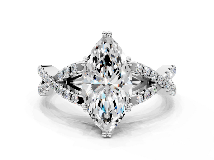 Platinum Marquise Solitaire Twist Band with Pavé Setting and Four-Prong Setting