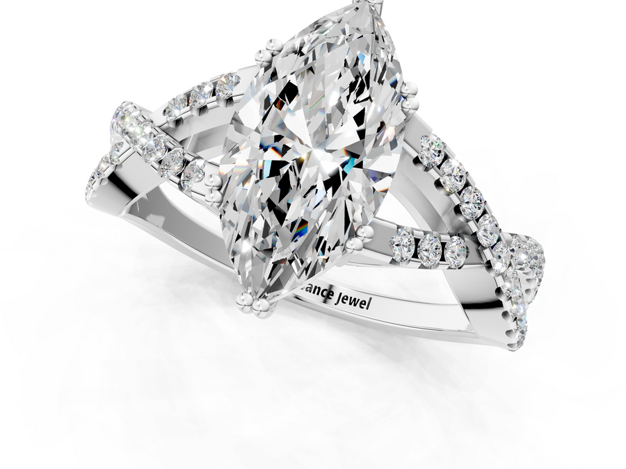White gold Marquise Solitaire Twist Band with Pavé Setting and Four-Prong Setting