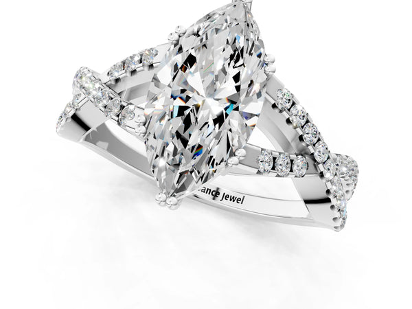 White gold Marquise Solitaire Twist Band with Pavé Setting and Four-Prong Setting_43