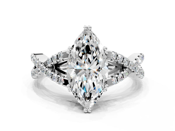 White gold Marquise Solitaire Twist Band with Pavé Setting and Four-Prong Setting_48