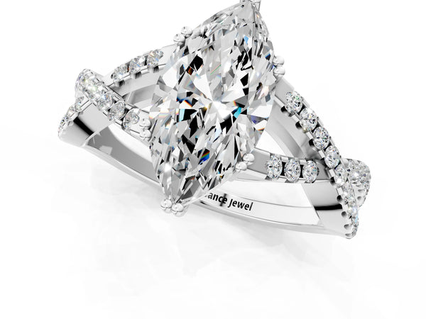 White gold Marquise Solitaire Twist Band with Pavé Setting and Four-Prong Setting_55