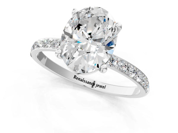 White gold Oval Cut Diamond Pavé Band Solitaire Ring with Four-Prong Setting_91
