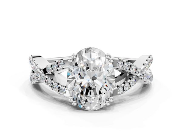 Silver Oval Solitaire Twist Band with Pavé Setting and Four-Prong Setting