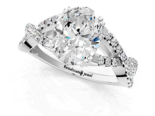 White gold Oval Solitaire Twist Band with Pavé Setting and Four-Prong Setting_13