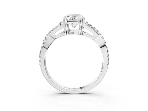 White gold Oval Solitaire Twist Band with Pavé Setting and Four-Prong Setting_39