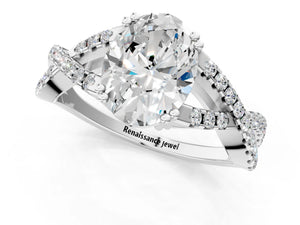 White gold Oval Solitaire Twist Band with Pavé Setting and Four-Prong Setting_79