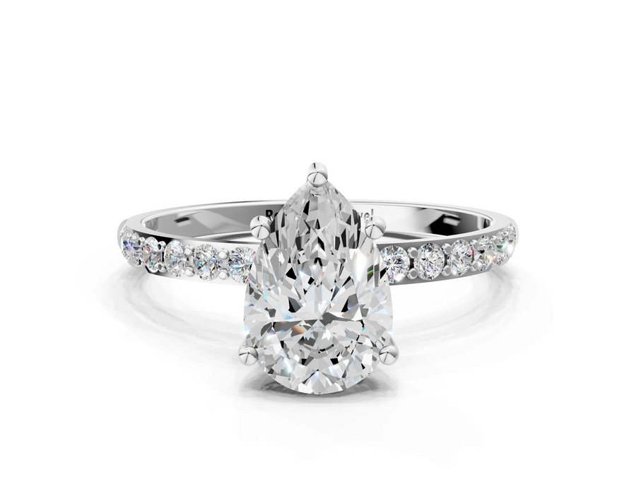 Platinum Pear Cut Diamond Pavé Band Solitaire Ring with Four-Prong Setting