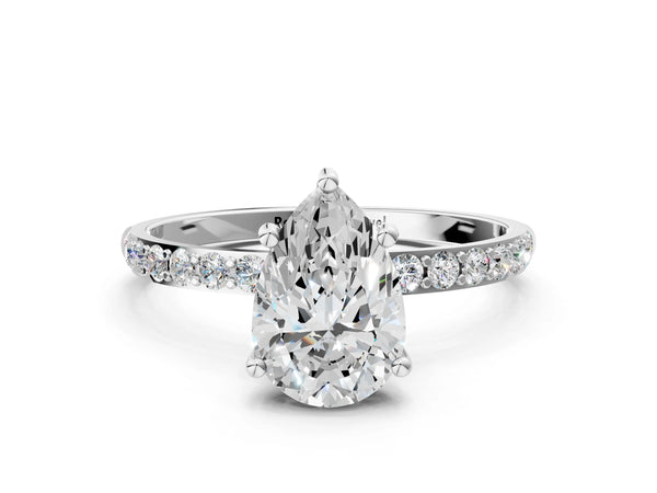 White gold Pear Cut Diamond Pavé Band Solitaire Ring with Four-Prong Setting_12