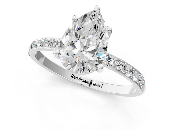 White gold Pear Cut Diamond Pavé Band Solitaire Ring with Four-Prong Setting_67