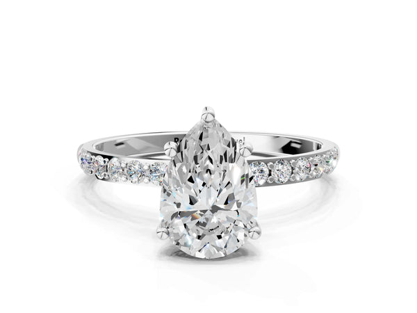 White gold Pear Cut Diamond Pavé Band Solitaire Ring with Four-Prong Setting_96