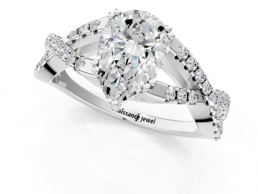 Platinum Pear Solitaire Twist Band with Pavé Setting and Four-Prong Setting