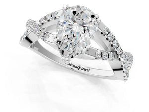 White gold Pear Solitaire Twist Band with Pavé Setting and Four-Prong Setting_25
