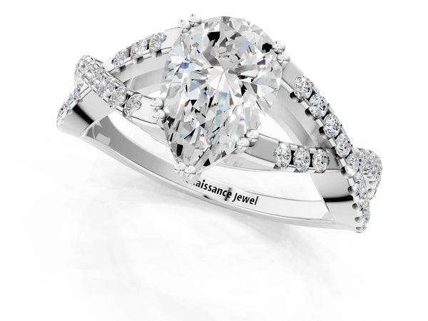 White gold Pear Solitaire Twist Band with Pavé Setting and Four-Prong Setting_25
