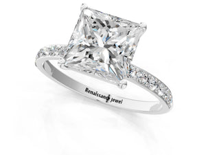 White gold Princess Cut Diamond Pavé Band Solitaire Ring with Four-Prong Setting_103