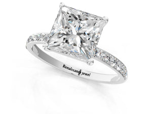 White gold Princess Cut Diamond Pavé Band Solitaire Ring with Four-Prong Setting_49