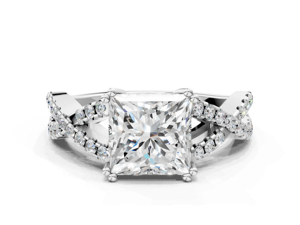 White gold Princess Solitaire Twist Band with Pavé Setting and Four-Prong Setting_30