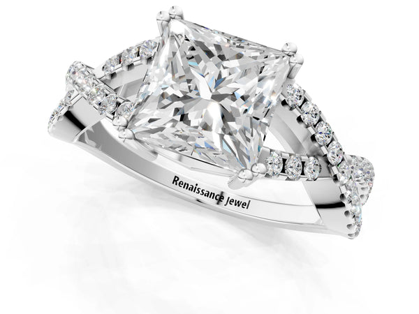 White gold Princess Solitaire Twist Band with Pavé Setting and Four-Prong Setting_31