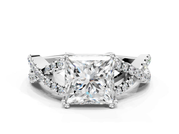White gold Princess Solitaire Twist Band with Pavé Setting and Four-Prong Setting_36