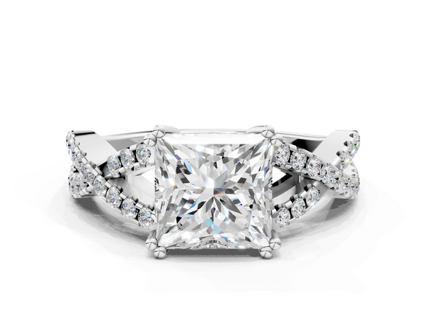 White gold Princess Solitaire Twist Band with Pavé Setting and Four-Prong Setting