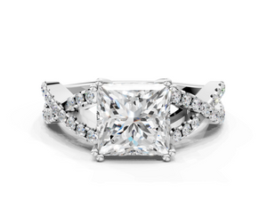 White gold Princess Solitaire Twist Band with Pavé Setting and Four-Prong Setting