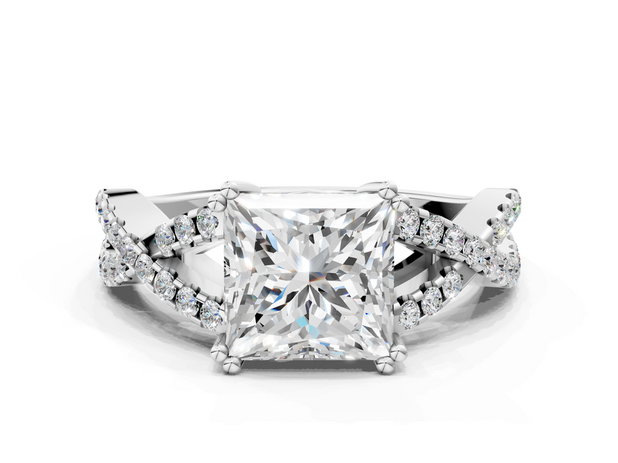 White gold Princess Solitaire Twist Band with Pavé Setting and Four-Prong Setting
