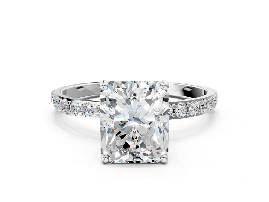 Platinum Radiant Cut Diamond Pavé Band Solitaire Ring with Four-Prong Setting