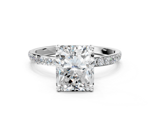 White gold Radiant Cut Diamond Pavé Band Solitaire Ring with Four-Prong Setting