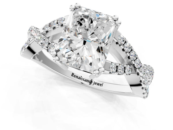 White gold Radiant Solitaire Twist Band with Pavé Setting and Four-Prong Setting_85