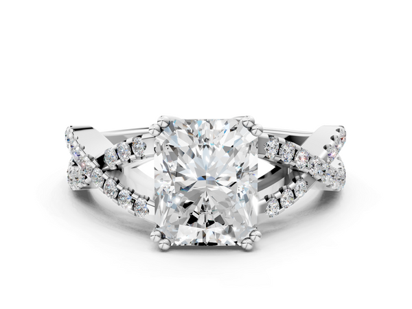 White gold Radiant Solitaire Twist Band with Pavé Setting and Four-Prong Setting