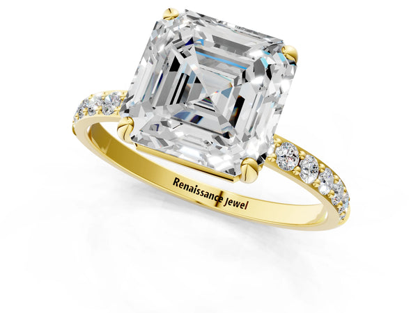 Yellow gold Asscher Cut Diamond Pavé Band Solitaire Ring with Four-Prong Setting_121
