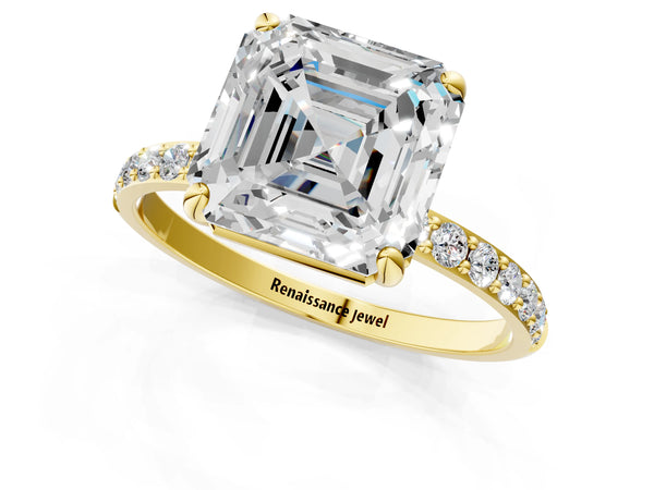 Yellow gold Asscher Cut Diamond Pavé Band Solitaire Ring with Four-Prong Setting_49