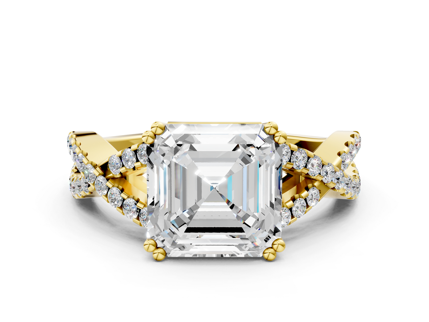 Yellow gold Asscher Solitaire Twist Band with Pavé Setting and Four-Prong Setting