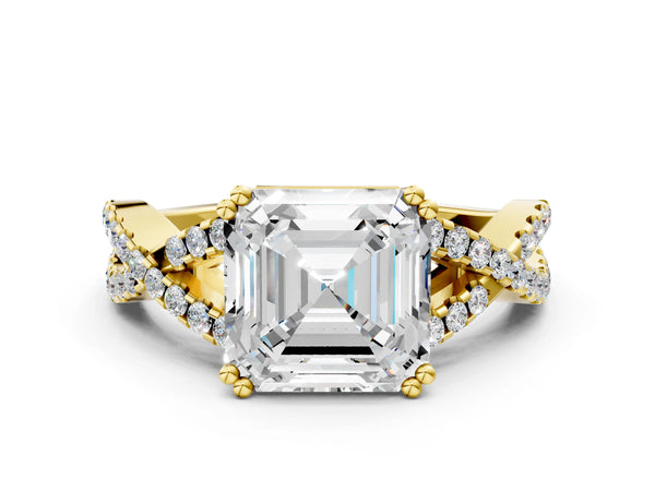 Yellow gold Asscher Solitaire Twist Band with Pavé Setting and Four-Prong Setting_36