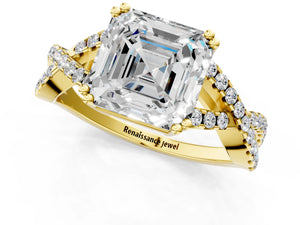 Yellow gold Asscher Solitaire Twist Band with Pavé Setting and Four-Prong Setting_37