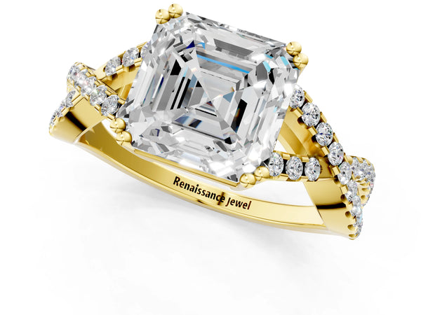 Yellow gold Asscher Solitaire Twist Band with Pavé Setting and Four-Prong Setting_61