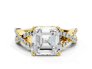 Yellow gold Asscher Solitaire Twist Band with Pavé Setting and Four-Prong Setting_78