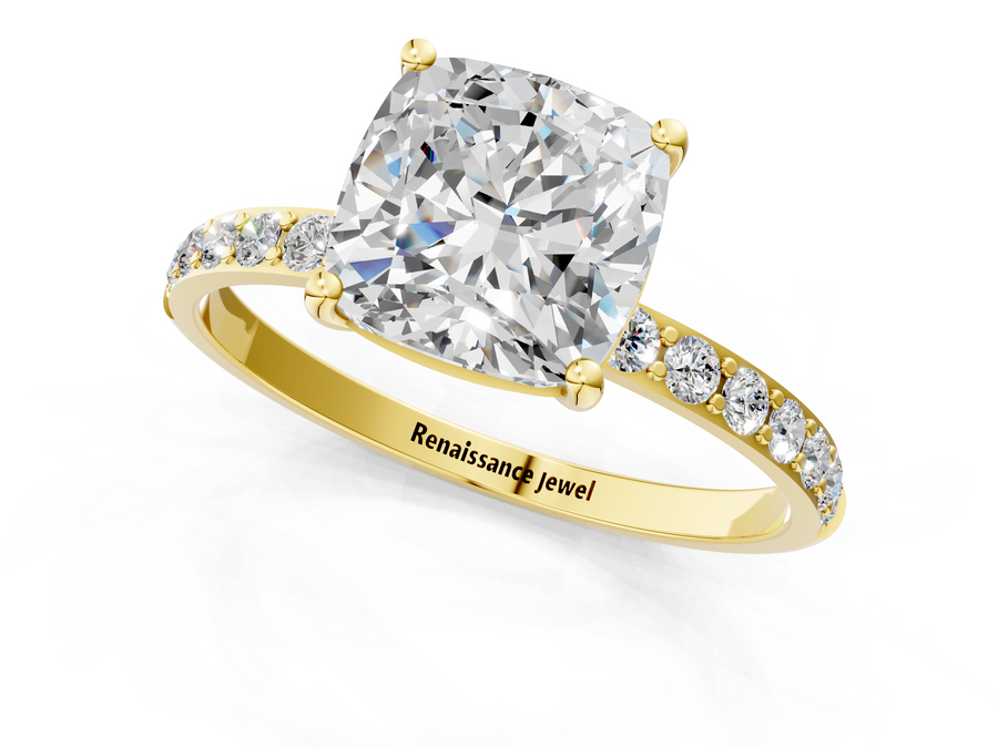 Yellow gold Cushion Cut Diamond Pavé Band Solitaire Ring with Four-Prong Setting