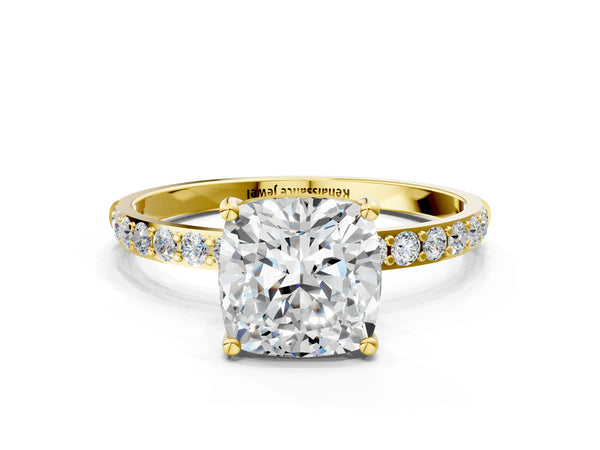 Yellow gold Cushion Cut Diamond Pavé Band Solitaire Ring with Four-Prong Setting_42
