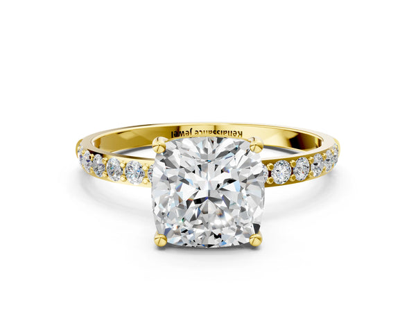 Yellow gold Cushion Cut Diamond Pavé Band Solitaire Ring with Four-Prong Setting_48